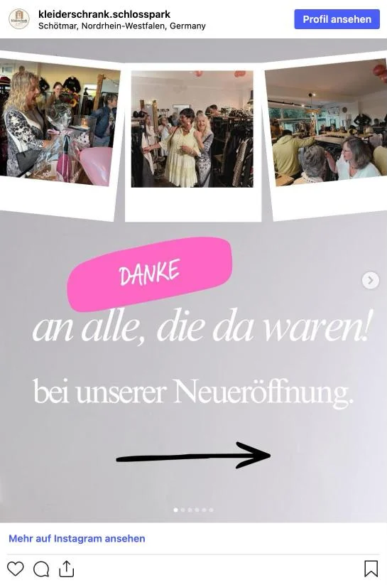 Instagram-Beitrag: Danke an alle, die bei unserer Neueröffnung da waren
