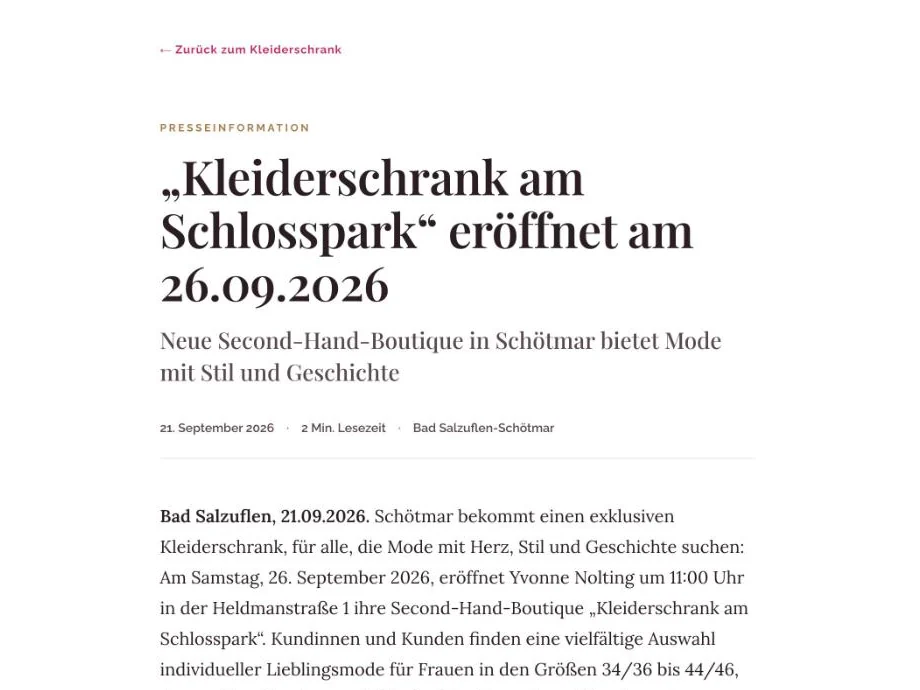 Presseinformation „Kleiderschrank am Schlosspark eröffnet am 26.09.2026“